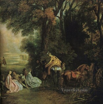 Un alto en la persecución del rococó clásico de Jean Antoine Watteau Pinturas al óleo